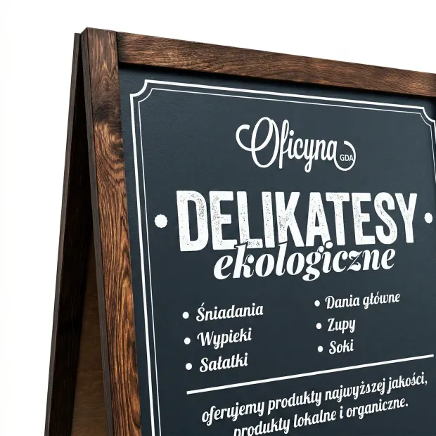 Chalkboard A-frame with custom print - Graphic design on a dark background with white text and a border.