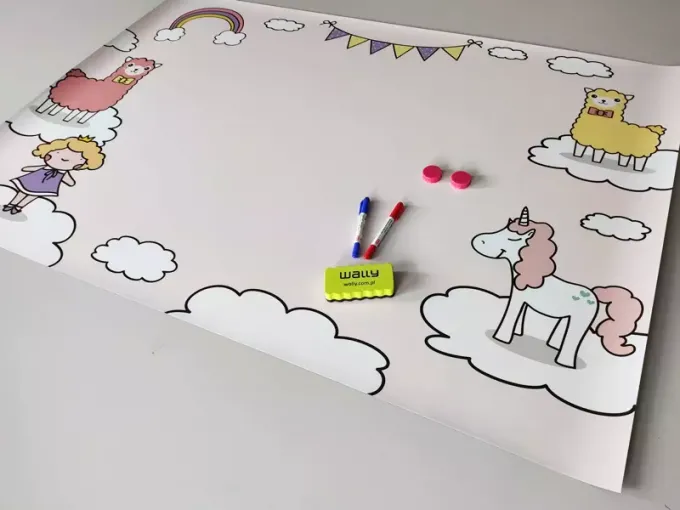 Dry-erase magnetic board for kids featuring clouds and alpacas, with a graphic design of alpacas against a cloud background.