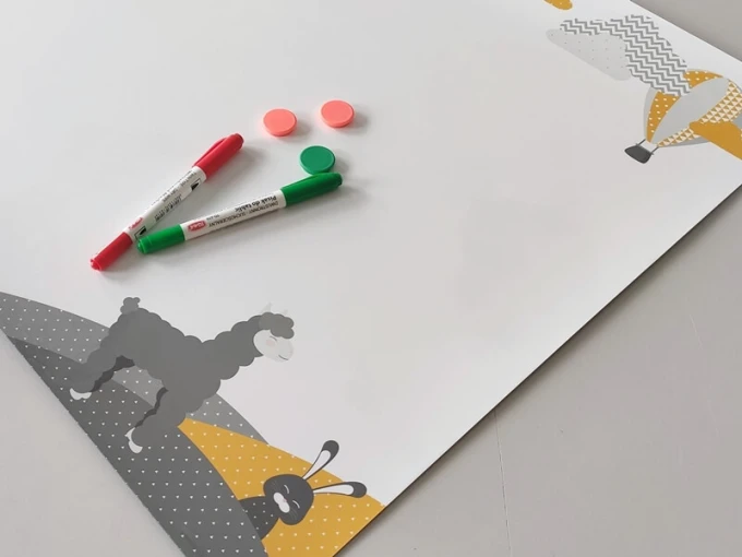 Dry-erase magnetic board with an alpaca bear design featuring illustrations of an alpaca and a rabbit.
