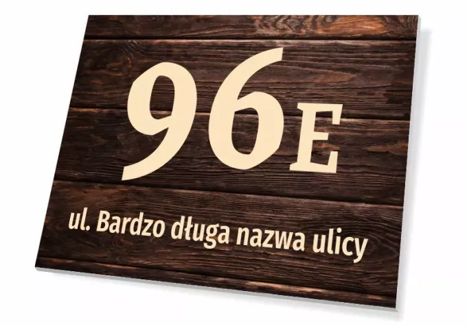House plaque T671 with number and street - Graphic design. Rectangular plaque with large number 96E and street name.