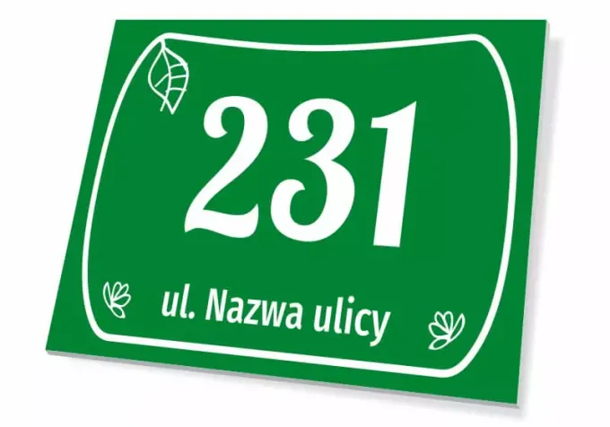 House number plaque, street - Graphic design. Green background with white numbers and text, decorated with leaves.