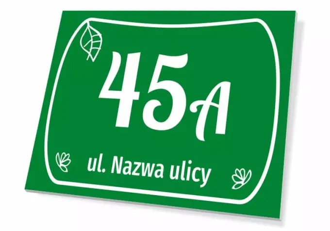 House number sign with street name - Graphic design. Green background with white numbers and text, adorned with leaves.