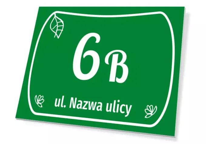 House number sign, street - Graphic design. Green background with white numbers and text, adorned with leaves.