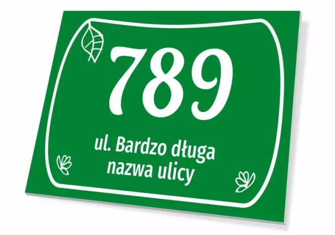 House number plaque, street - Graphic design. Green background with white numbers and text, adorned with leaves.
