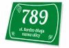 House number plaque, street - Graphic design. Green background with white numbers and text, adorned with leaves.
