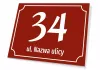 Property sign with number and street - Graphic design. Red background with white numbers and text. Rectangular shape.