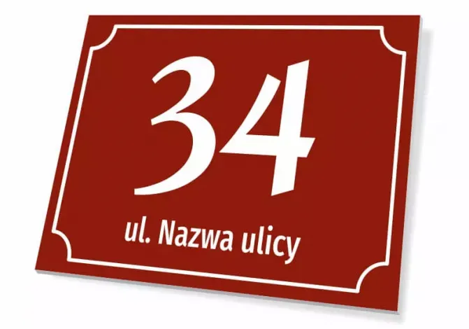 Property sign with number and street - Graphic design. Red background with white numbers and text. Rectangular shape.