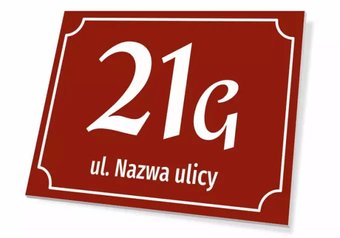 Property sign with number and street - Graphic design. Red background with white numbers and text. Rectangular shape.