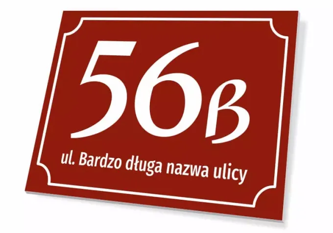 Property sign with number and street - Graphic design. Red background with white numbers and text. Decorative frame.