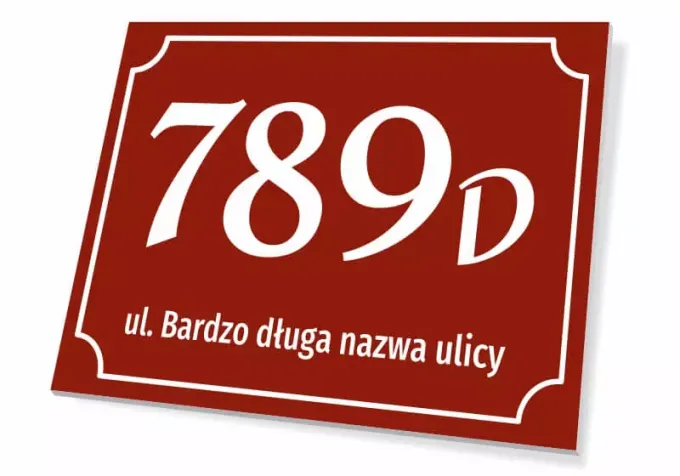 Property sign with number and street - Graphic design. Red background with white numbers and text. Rectangular shape.