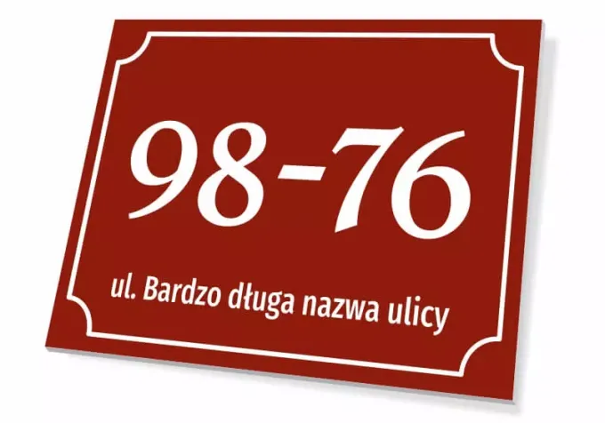 Property sign with number and street - Graphic design. Red background with white numbers and text. Simple, classic shapes.