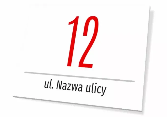Building number plaque with street name - Graphic design. Red number on white background, black text below.