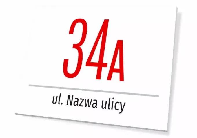 Building number sign with street name - Red number on white background with graphic design.