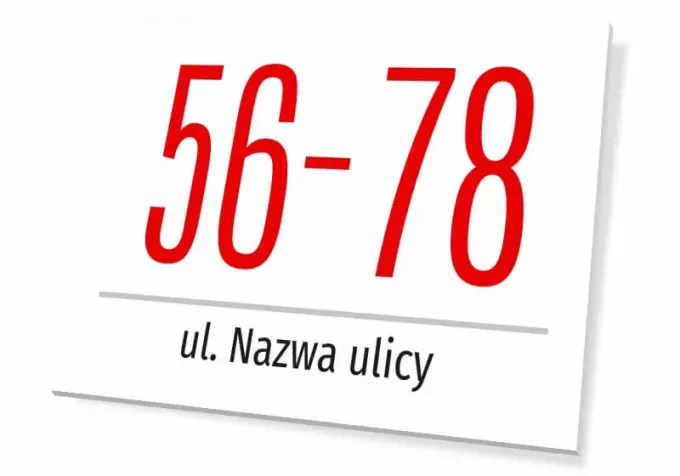 Building number sign with street name - Graphic design. Red numbers on white background, black text below.