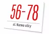 Building number sign with street name - Graphic design. Red numbers on white background, black text below.