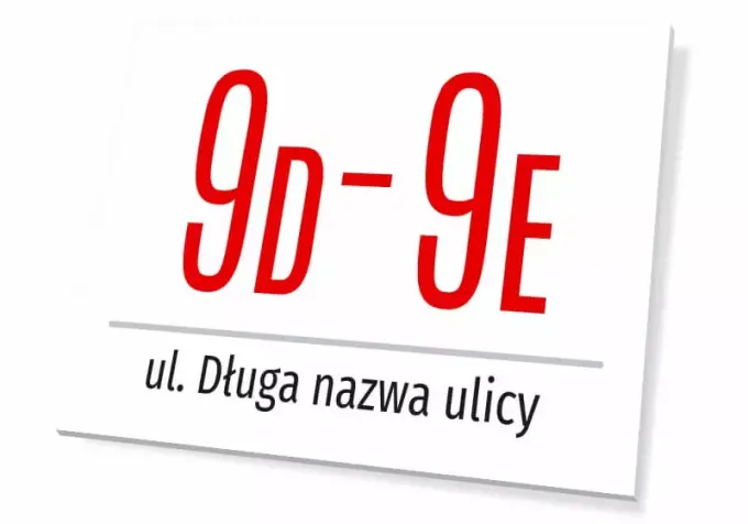 Building number plaque with street name - Red numbers and letters on a white background, with the street name below.