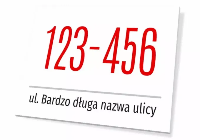 Building number plaque with street name - Graphic design. Red numbers on a white background, black text below.