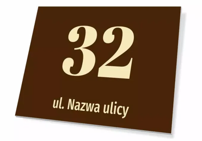 House number sign with street name - Simple rectangular design with large digits and text.