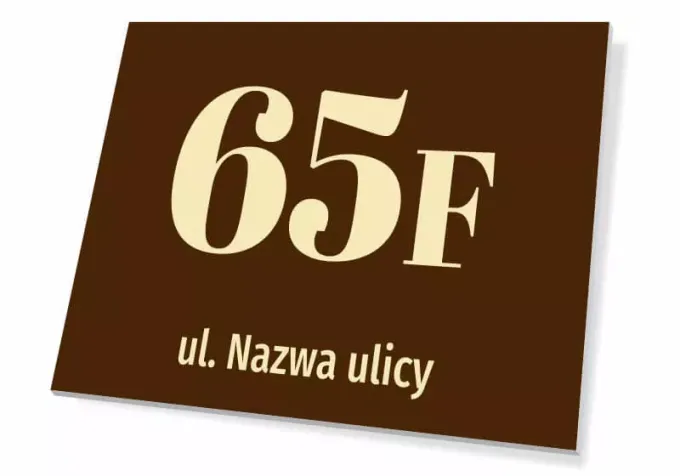 House number plaque with street name - Large, clear number 65F on dark background, below the street name.