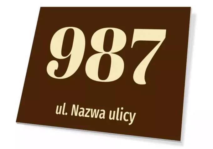 House number sign with street name - Simple rectangular design with large digits and text on a dark background.
