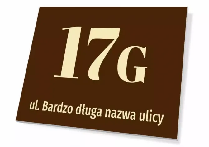 House number sign with street name - Graphic design. Simple rectangle with large numbers and text on a dark background.