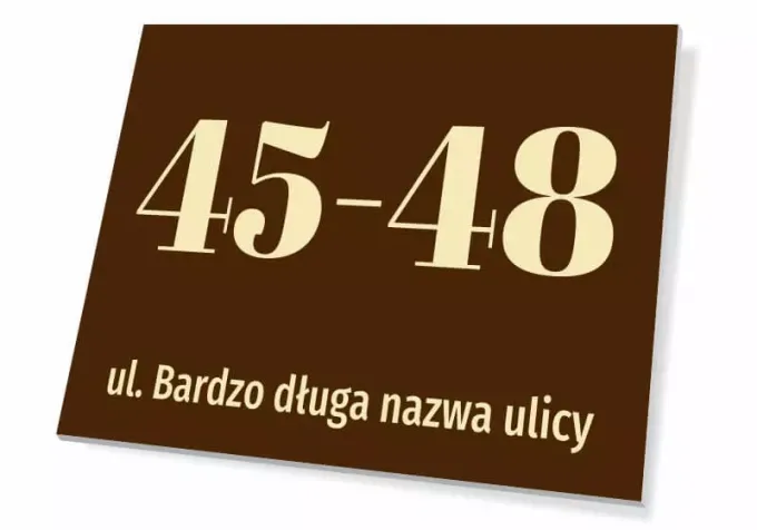 House number plaque with street name - Graphic design. Rectangular plaque with large digits and text on a dark background.
