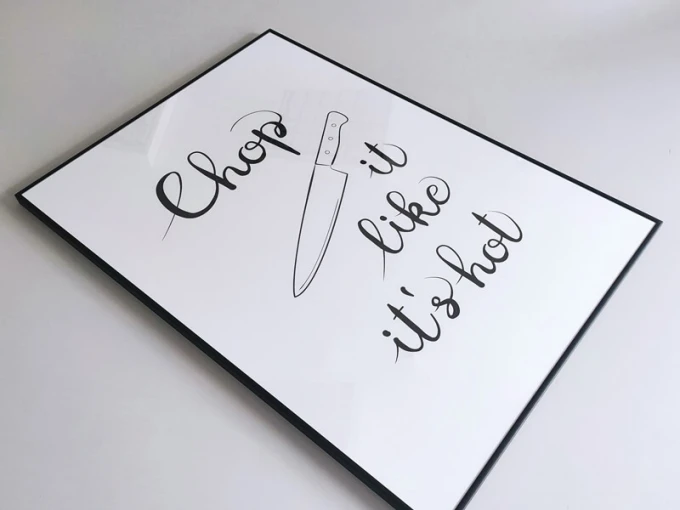 Chop it like it\'s hot poster 243 - Graphic design featuring a knife and calligraphic text on a white background.