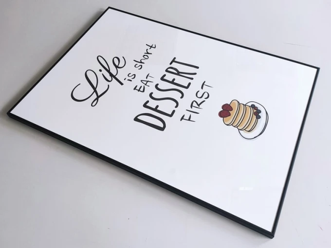 Poster "Life is short, eat dessert first 029" - Graphic design with black text on a white background featuring pancakes.