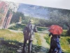 Reproduction of Chemin montant by Gustave Caillebotte - Graphic design. Two figures walking on a path, one with an umbrella.