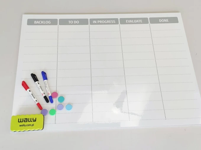 Magnetic dry-erase Scrum board 142 with graphic design. Simple board featuring horizontal lines and headers.