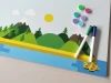 Dry-erase magnetic board for kids, featuring a paradise island design with green hills and mountains.