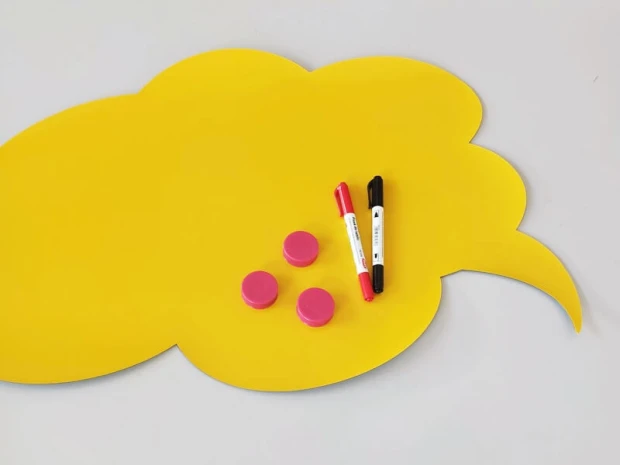Dry-erase magnetic board for student room, cloud design. Yellow cloud with pink magnets.