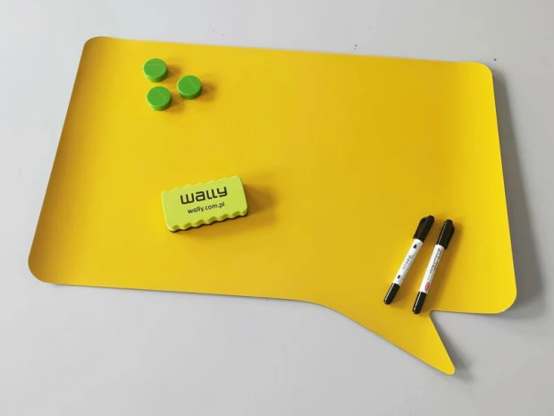 Dry-erase magnetic board in speech bubble design with three rounded edges.