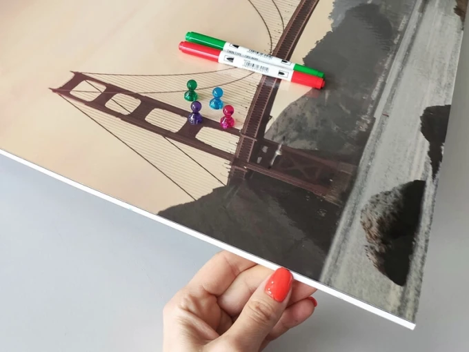 Magnetic dry-erase board featuring the Golden Gate Bridge against a sunset backdrop.
