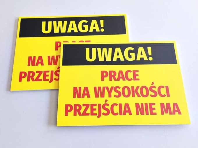 Caution: Work at Heights - No Passage - Graphic Design. Yellow background with black text and large red accents.