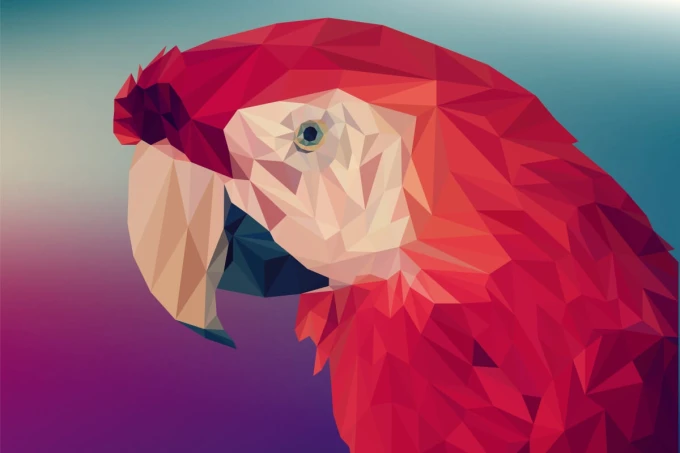 Wall mural parrot FP 6423 - Graphic design featuring a parrot in shades of red and pink with geometric patterns.