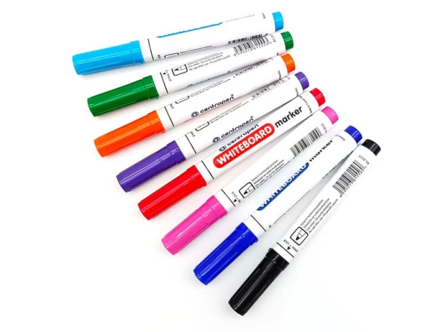 Set of 8 colorful dry-erase markers - Graphic design. Markers in various colors arranged in a row.