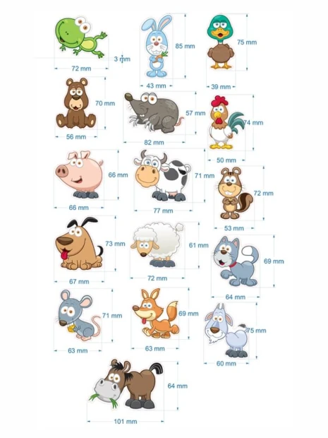 Animal Farm Magnets - Graphic design. Set of 16 farm animal-shaped magnets in various colors and sizes.