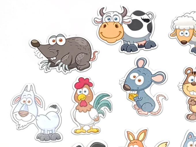 Animal farm magnets - Graphic design featuring outlines of farm animals like cows, sheep, and chickens.