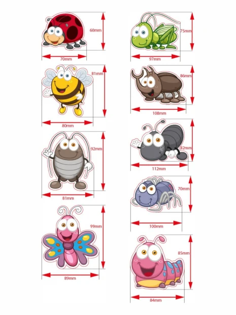 Insect magnets - Graphic design featuring insect shapes with clear outlines, cheerful faces, and vibrant colors.