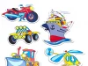 Vehicle magnets - Graphic design featuring shapes of a motorcycle, ship, helicopter, tractor, and car.