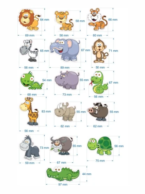 Animal magnets - African designs featuring shapes of a lion, elephant, giraffe, crocodile, and more.