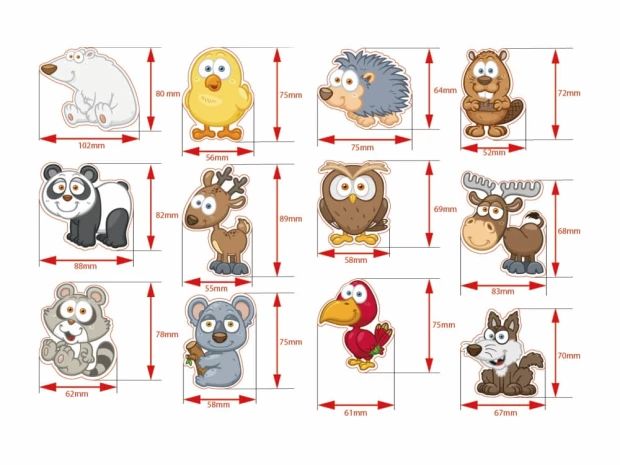 Forest animal magnets - Graphic design featuring shapes like a bear, owl, and hedgehog in bright colors.