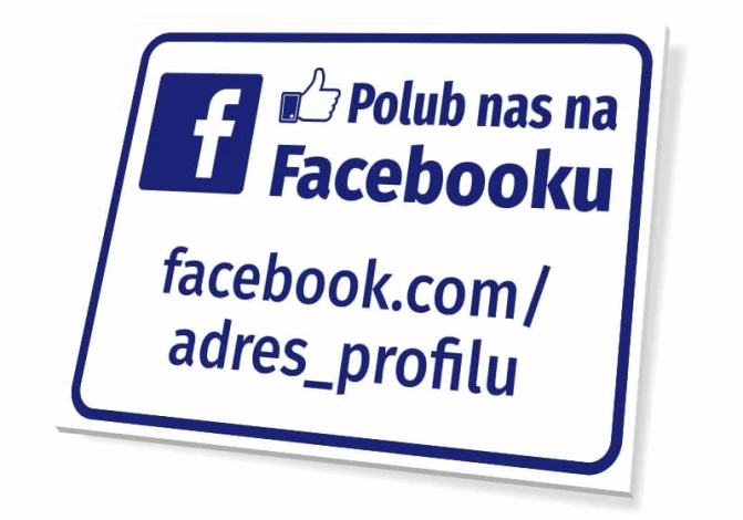 Facebook profile address plaque - Graphic design. Simple style with blue background, white text, and Facebook icon.