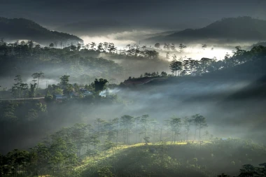 Mountain landscape wall mural FP 6438 - Graphic design featuring mountains, forests, and mist.