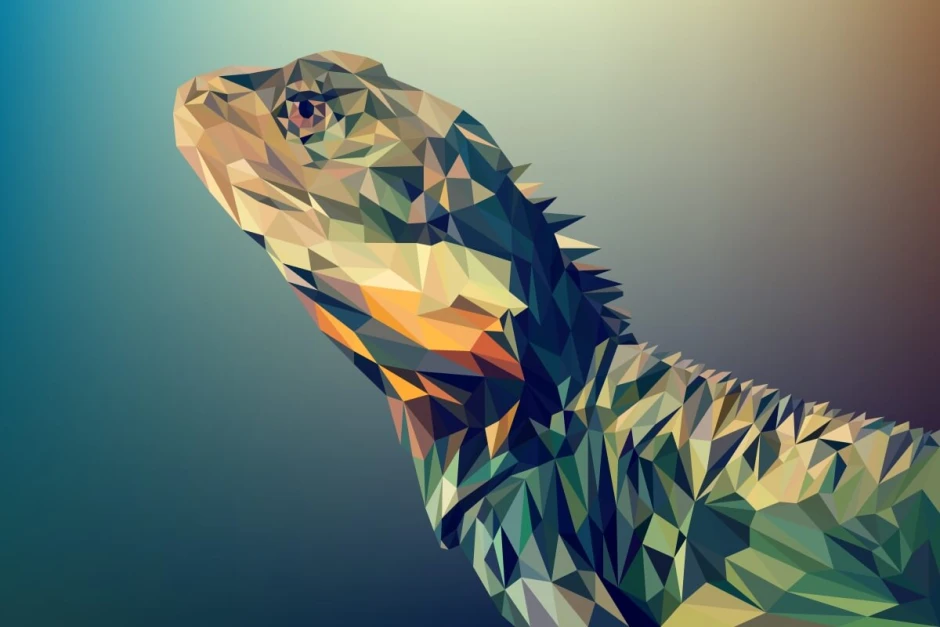Gecko wall mural FP 6431 - Graphic design featuring a polygonal gecko in shades of green and brown.