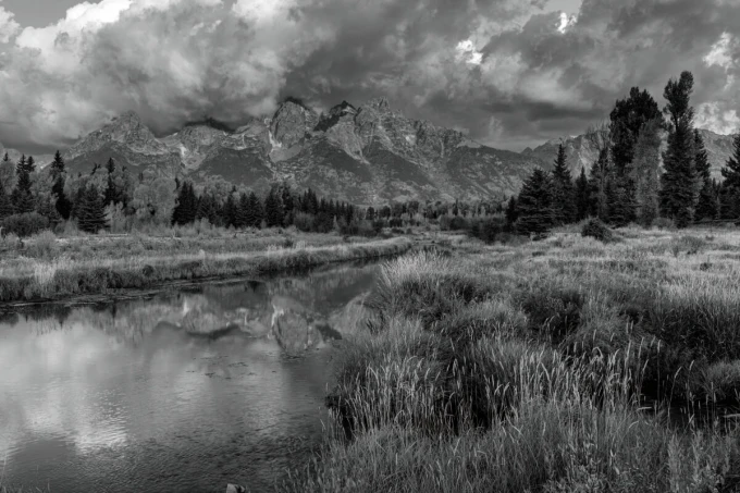 Mountain landscape wall mural FP 6448 - Graphic design featuring mountains, clouds, and a reflection in water.
