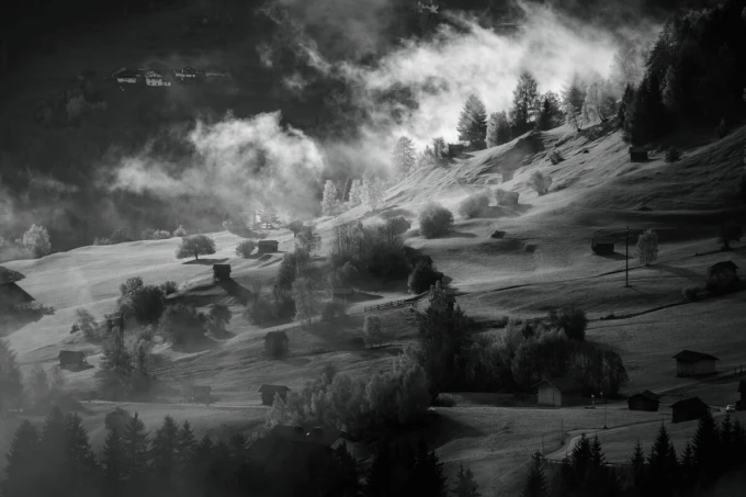 Wall mural green mountain slope FP 6472 - Graphic design featuring hills, trees, and clouds in shades of gray.