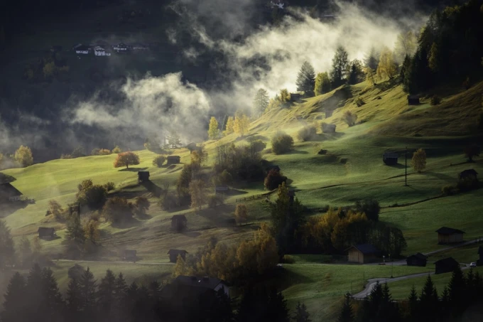 Wall mural green mountain slope FP 6472 - Graphic design. Green hills with trees and clouds.