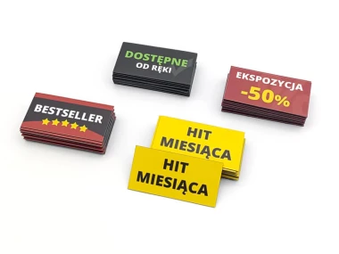 Custom printed magnet measuring 8x4 cm - Graphic design. Rectangular labels in various colors with text.